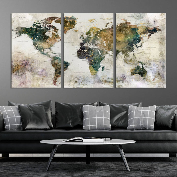 Impresión de arte de pared de mapa del mundo grande - Mapa en lienzo Galería Juego de pared de 3 paneles Regalo para mapa de viajero