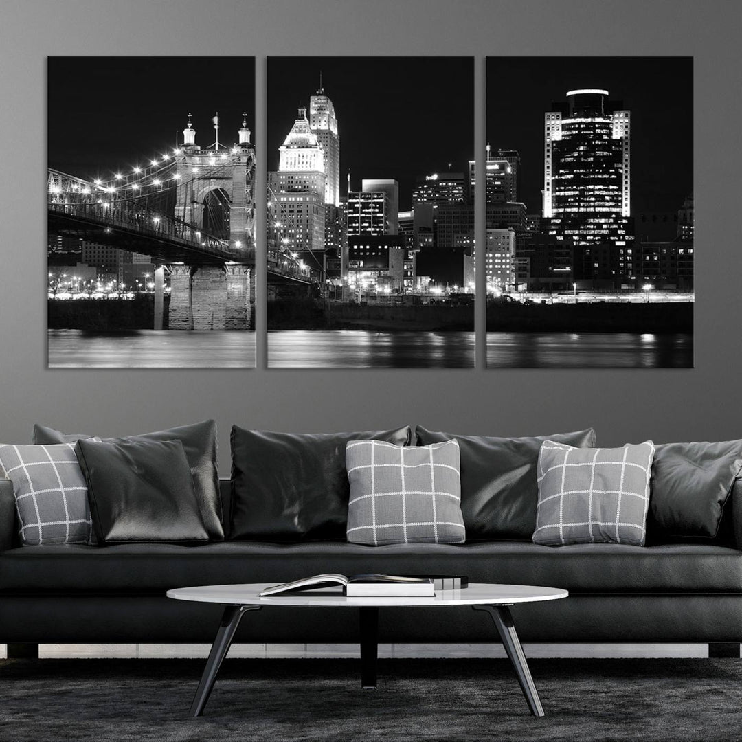 The Cincinnati City Skyline Black and White Wall Art Cityscape Canvas Print is prominently displayed.