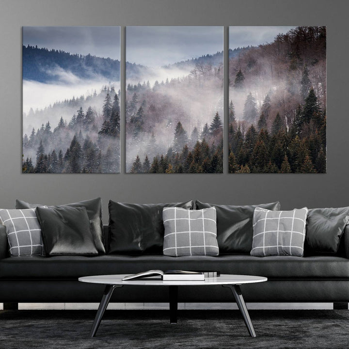 The "Beautiful Rising Fog in Winter Mountain Landscape" wall art is presented on museum-quality canvas, adding a striking visual element to the living room.