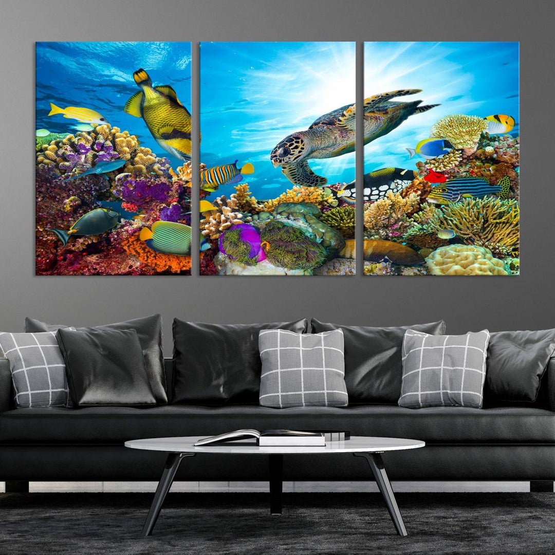 The Aquatic Life Sea Turtles Fish Wall Art Canvas Print is a triptych of vibrant underwater scenes featuring a sea turtle, various fish, and colorful coral. Crafted on museum-quality canvas, this handcrafted masterpiece brings the ocean to life in any space.