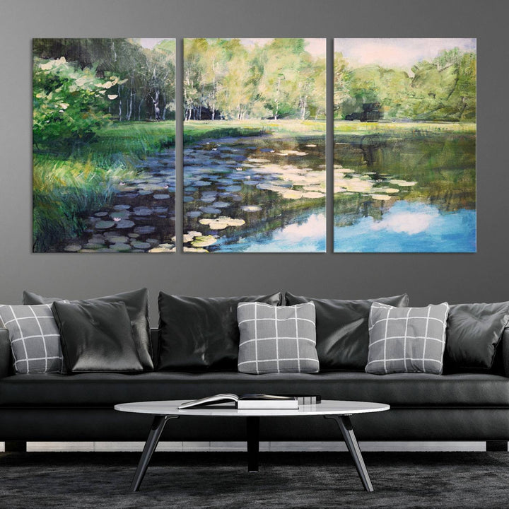 The "Forest Pond River Lake Wall Art Canvas Print" showcases a serene lakeside landscape with trees and water lilies. Crafted on museum-quality canvases and enhanced with UV-protective coating, this piece serves as an elegant addition to any space.