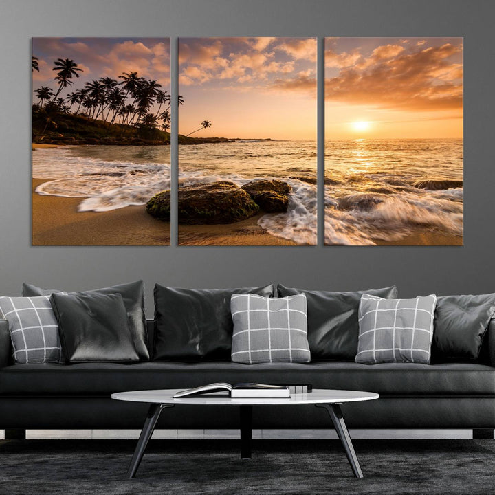 The "Tropical Island Sunset Sunrise Wall Art Canvas Print" is a stunning triptych that showcases a tranquil beach sunset complete with waves and palm trees. Each canvas piece is meticulously hand-assembled and framed using museum-quality polycotton with a UV-protective coating to ensure enduring beauty.