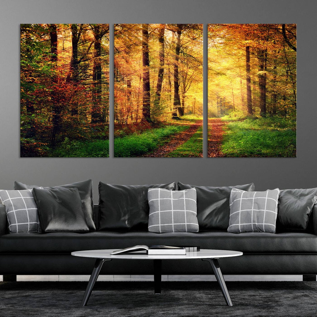 The Sunlight Through Trees Wall Art Canvas Print showcases a sunlit forest path in autumn on gallery-wrapped, museum-quality canvas with UV-protective coating.