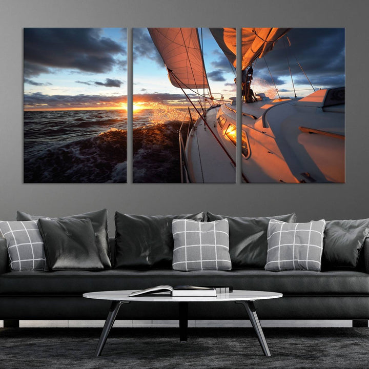 The modern living room is adorned with the Ocean Sunset Sailboat Wall Art, a triptych crafted on museum-quality canvas featuring UV-protective coating for lasting vibrancy.