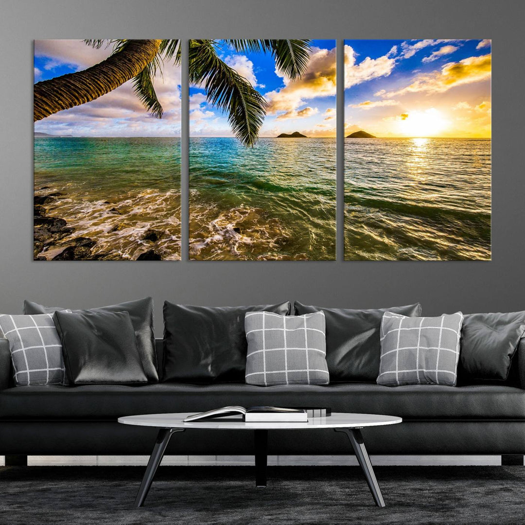 The Sunset Lake View Wall Art Canvas Print, gallery wrapped on a museum-quality canvas, enhances the vibrant living room decor with its UV-protective coating.