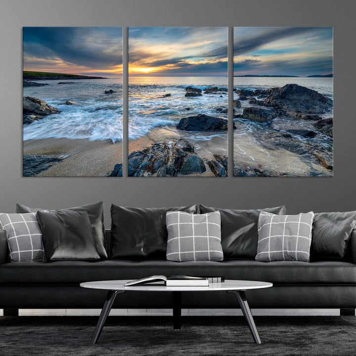 The "Beautiful Stormy Sunset at Bagh Steinigidh Beach Stones" triptych ocean-themed wall art is displayed on museum-quality canvas and features a UV-protective coating.