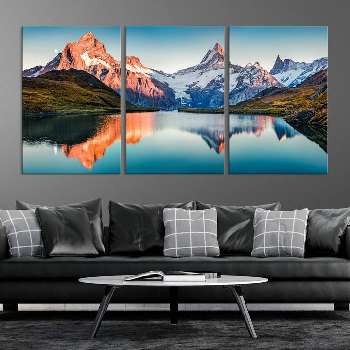 The living room features the Landscape Mountain and Lake View Wall Art Canvas Print. This triptych is expertly handmade in the USA on museum-quality canvas and includes a UV-protective coating to ensure lasting beauty.