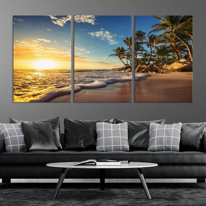 The wall features a Sunset Ocean View Beach Canvas Print, showcasing museum-quality craftsmanship by professional artisans.