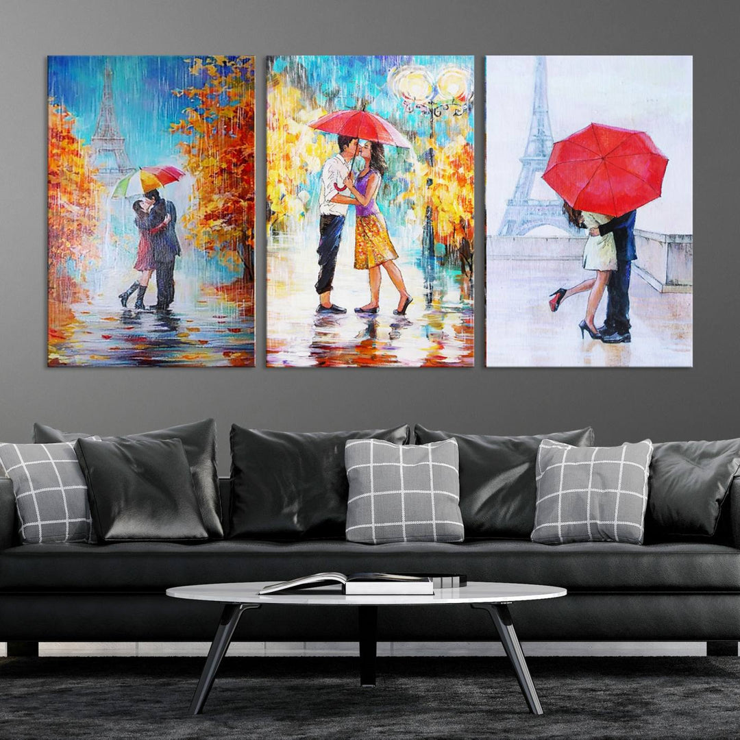 A triptych of the "Love in Paris Wall Art Canvas Print" showcases a couple with an umbrella in romantic settings. This artwork is crafted on museum-quality canvas and features a UV-protective coating for peace of mind. It also comes with the added convenience of free shipping.