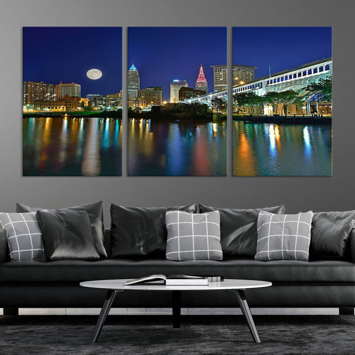 Cleveland City Lights Night Skyline, a stunning triptych wall art cityscape canvas print with museum-quality UV-protective coating, is beautifully showcased.