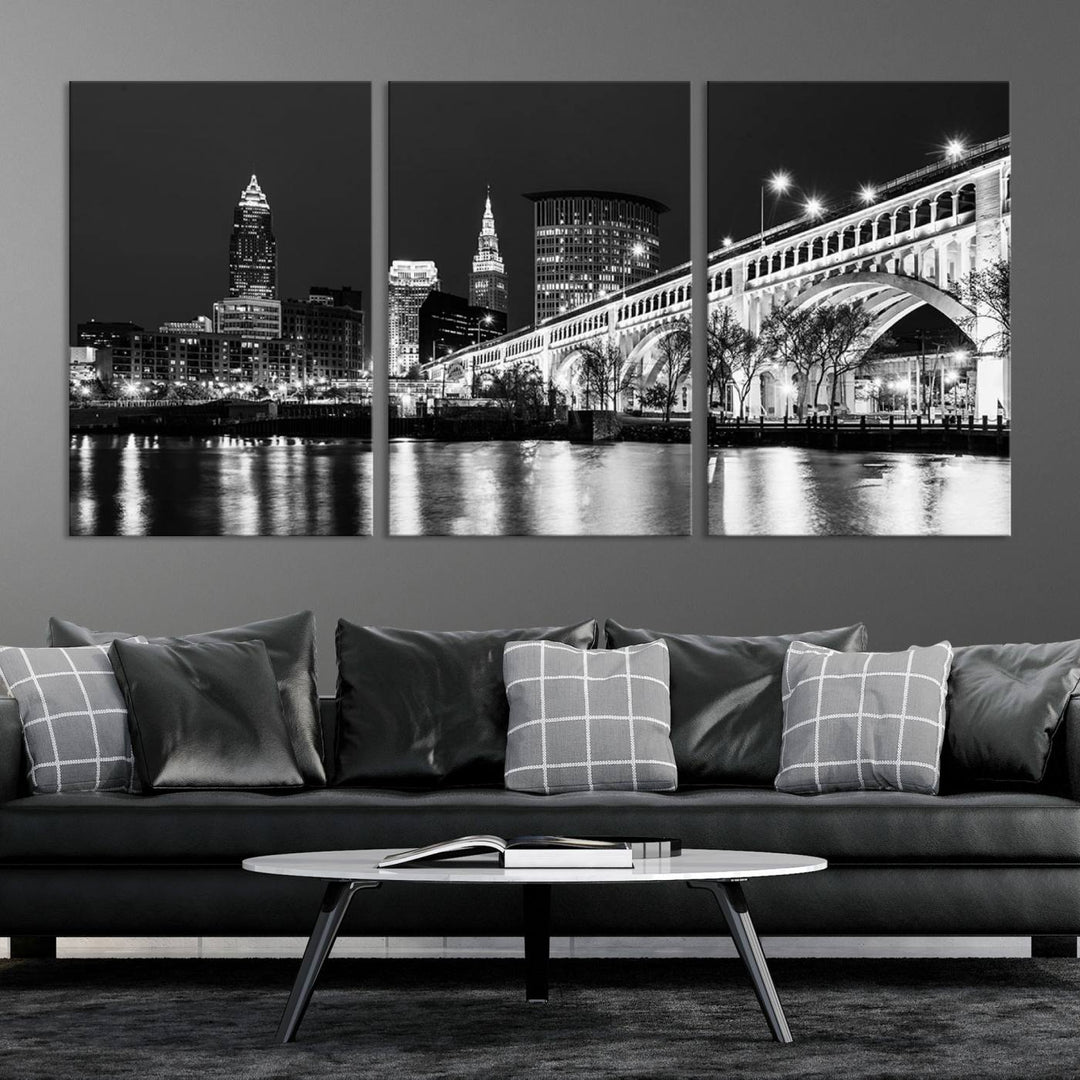 Enhance your space with the Cleveland Night Skyline Wall Art City Cityscape Canvas Print, a museum-quality black and white triptych. This ready-to-hang masterpiece is designed to elevate any room's aesthetic.