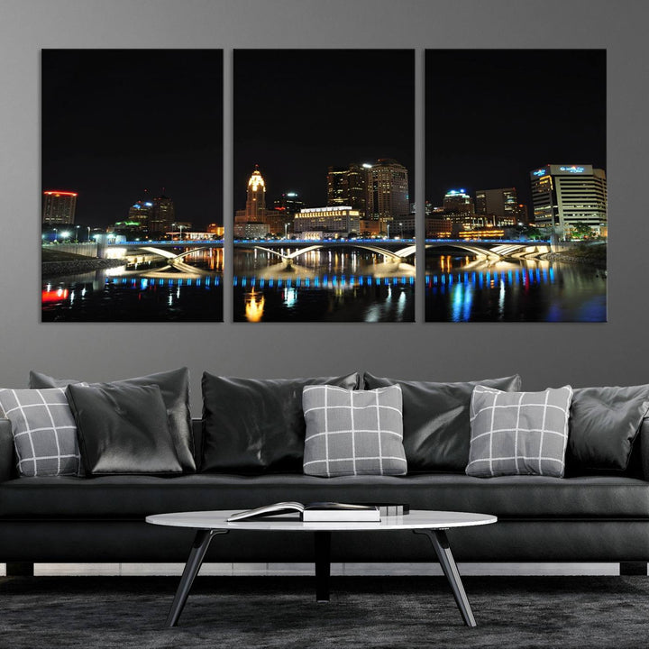 The "Columbus City Lights Night Skyline Cityscape View Wall Art Canvas Print" elegantly decorates the area, presented on museum-quality canvases that feature UV-protective coating to maintain their vibrant appearance.