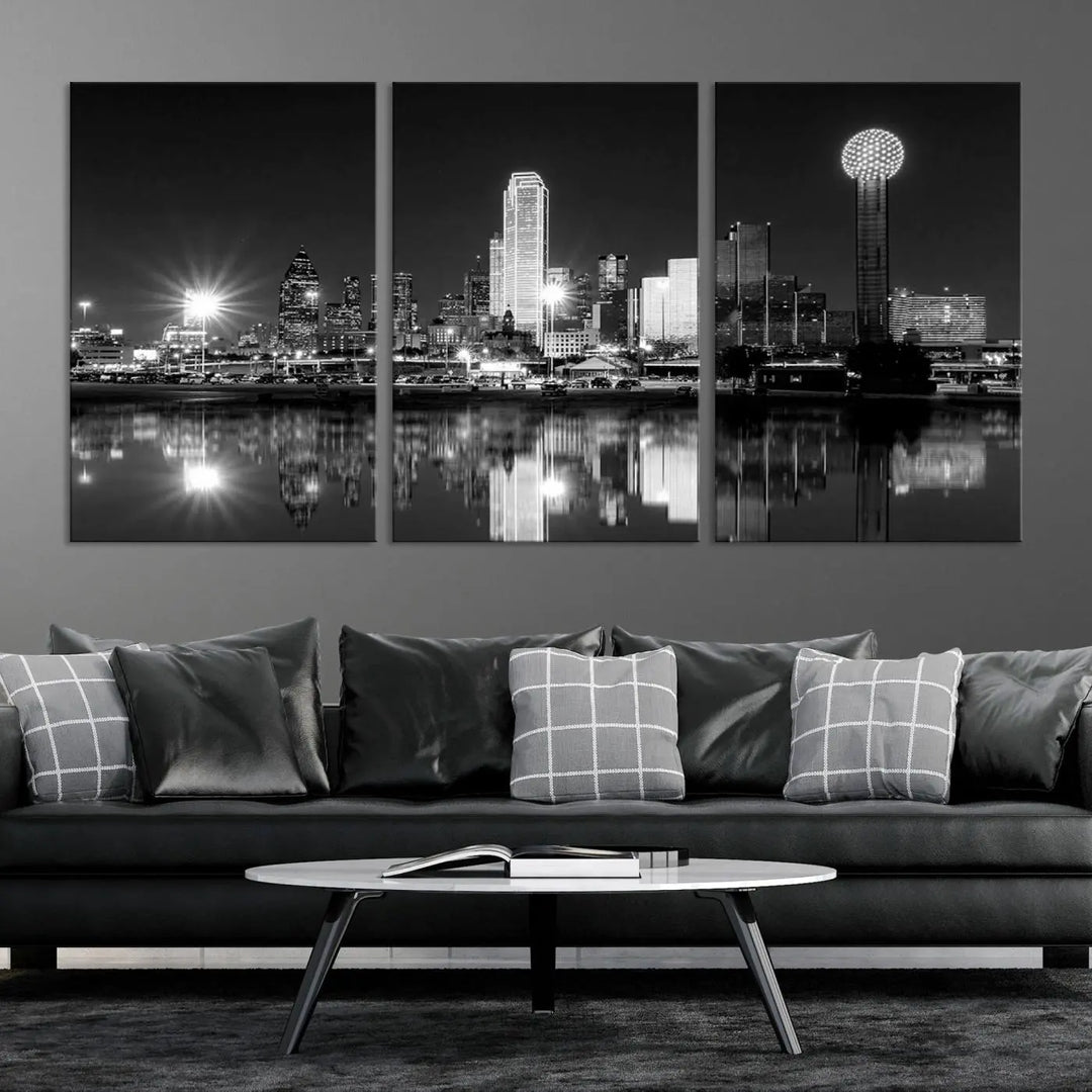 The Dallas City Lights Skyline Black and White Wall Art Cityscape Canvas Print is a striking addition to any space. These museum-quality canvases feature a UV-protective coating to maintain their beauty over time. Enjoy the convenience of free shipping when you choose this elegant piece for your home.