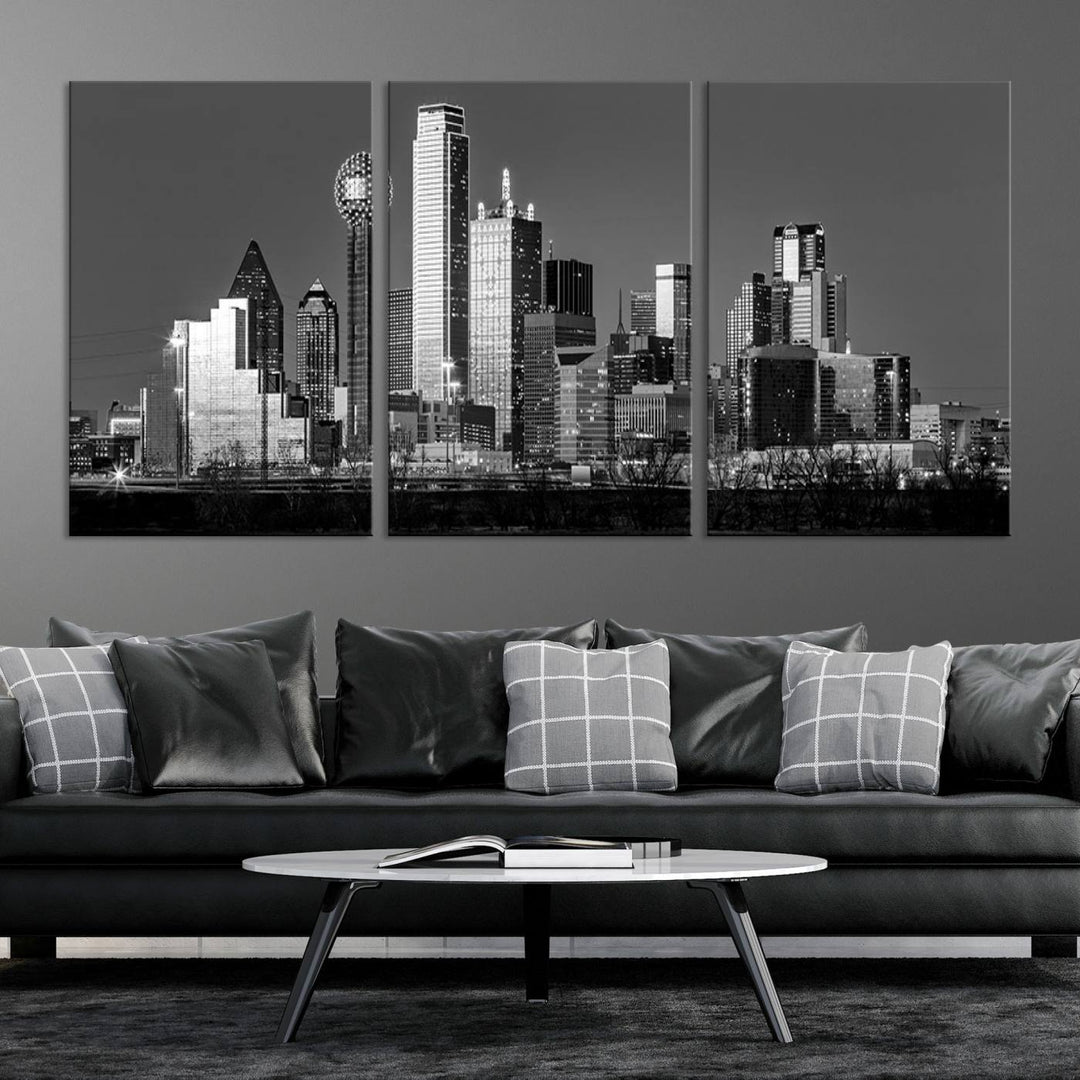 The Dallas City Skyline Black and White Wall Art Cityscape Canvas Print features a gallery-wrapped, museum-quality finish.