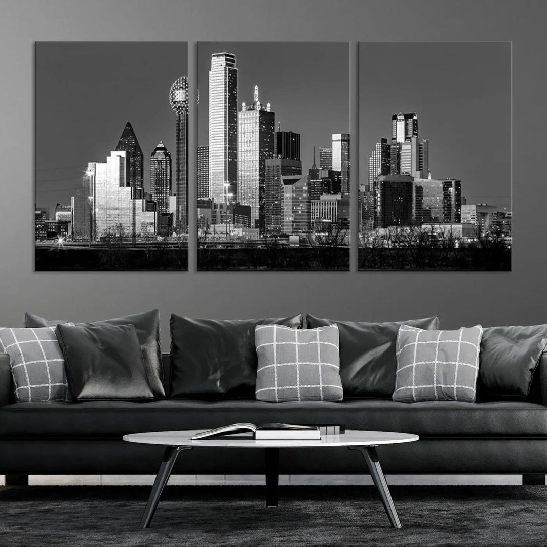 A black and white triptych of the Dallas city skyline is displayed, crafted on museum-quality canvas. This wall art piece is ready to hang, with each component adorned with a UV-protective coating to maintain its captivating appeal.