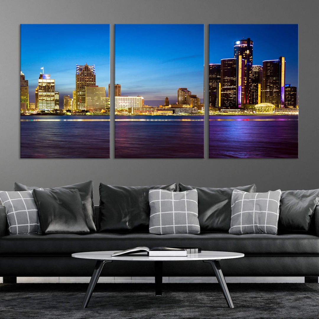 The living room features a breathtaking canvas print titled "Detroit City Lights Night Bright Blue Skyline Cityscape View," presented in a stunning triptych format on museum-quality canvases that are ready to hang.