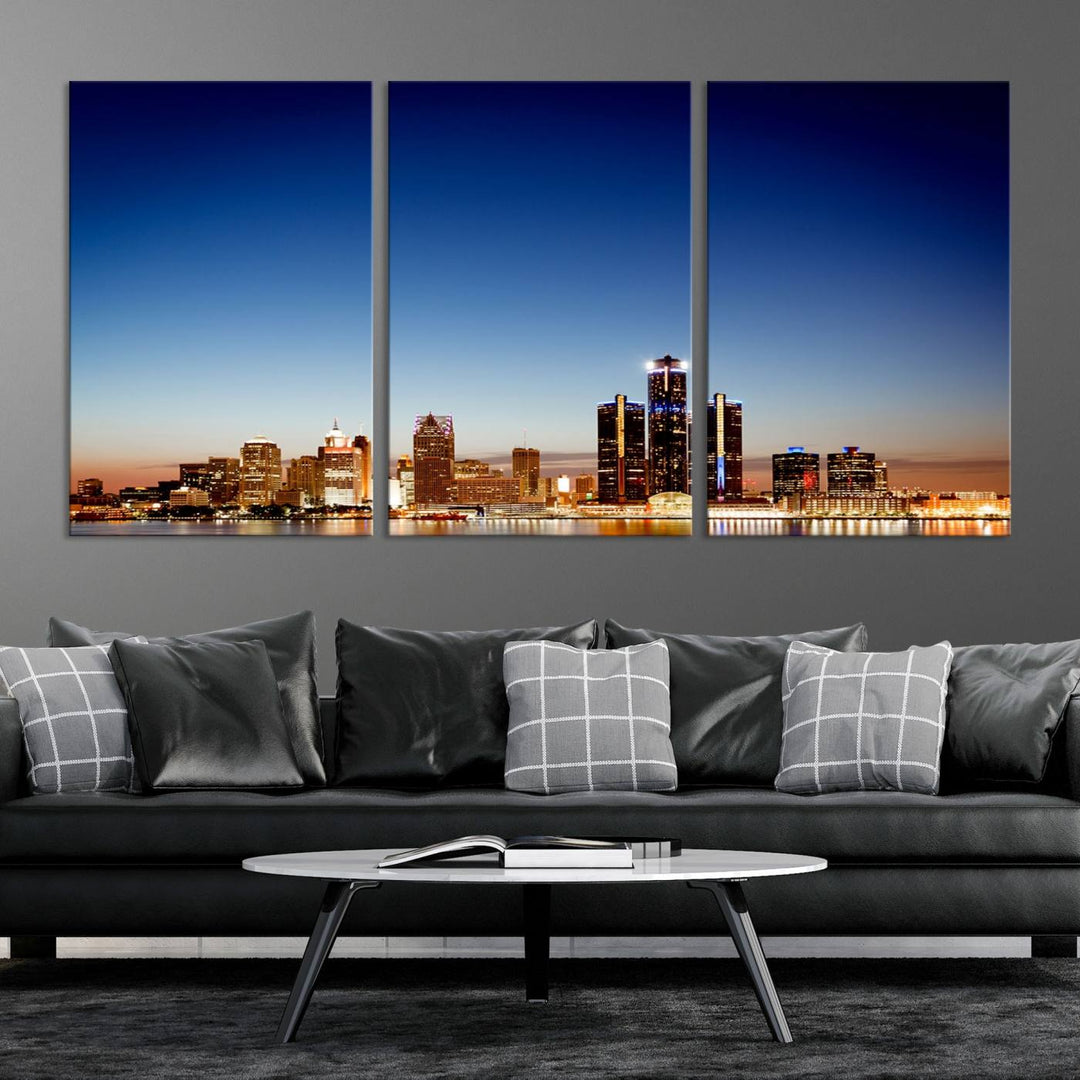 The Detroit City Lights Sunrise Skyline Cityscape View Wall Art Canvas Print adorns the modern living room. Crafted on museum-quality canvas with a UV-protective coating, this piece is ready to hang and elegantly elevates your décor.