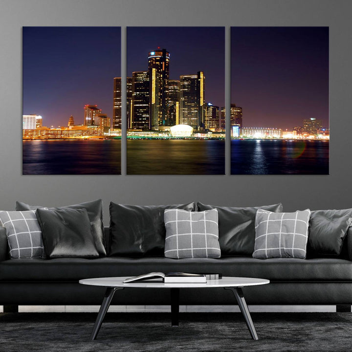 The Detroit City Lights Night Skyline Cityscape View Wall Art Canvas Print, elegantly split into three panels, is made from museum-quality pollycotton and gallery wrapped for a sophisticated touch. It is available with free shipping to effortlessly elevate your space.