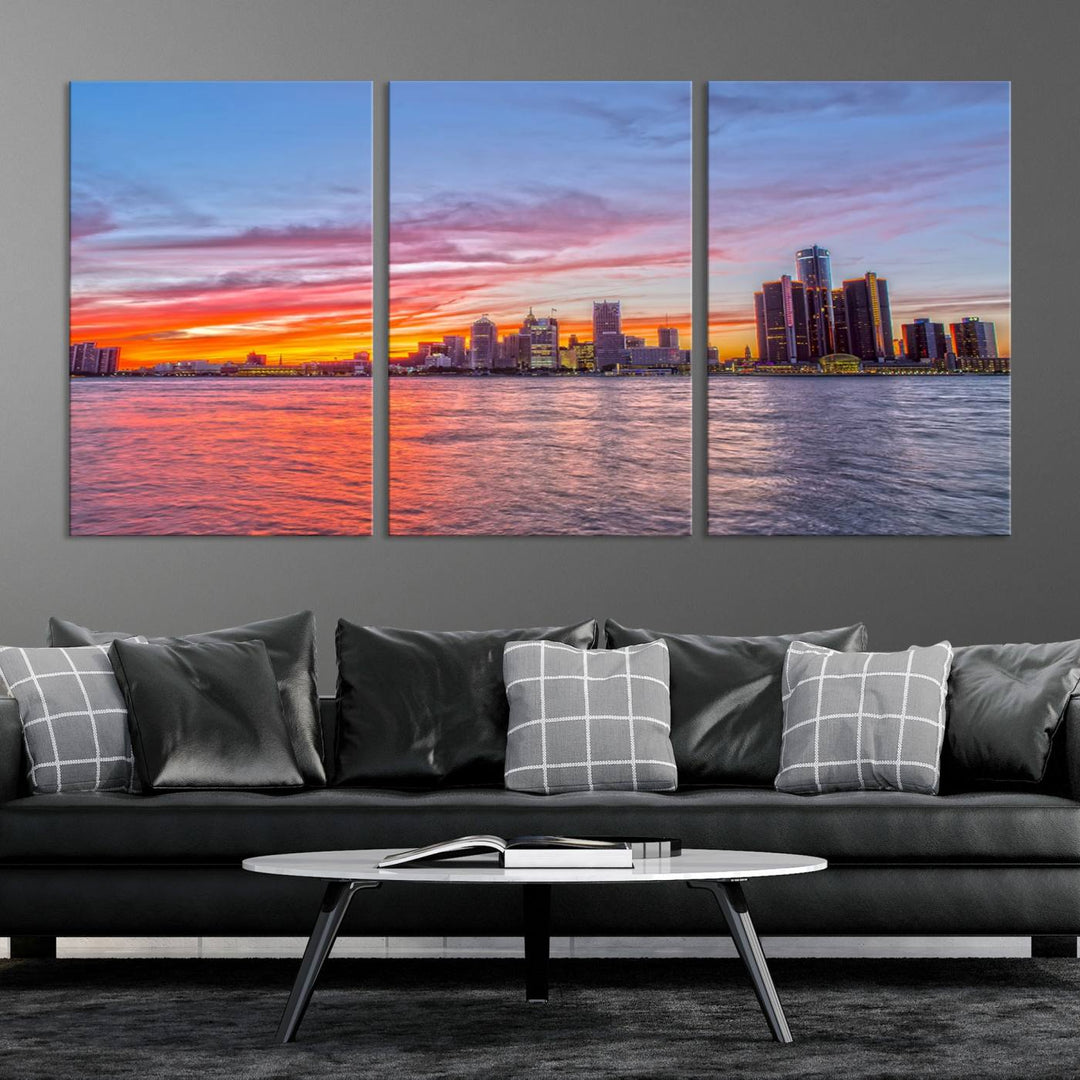 The Detroit City Lights Sunset Colorful Cloudy Skyline Cityscape View Wall Art Canvas Print showcases a vibrant city skyline at sunset over water. The artwork is museum-quality, comes ready to hang, and features a UV-protective coating to preserve its vivid colors.