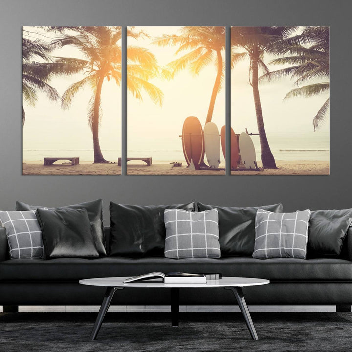 Surfboard and Palm Tree on Beach Double Exposure with Colorful Bokeh Sunset Light Wall Art Canvas