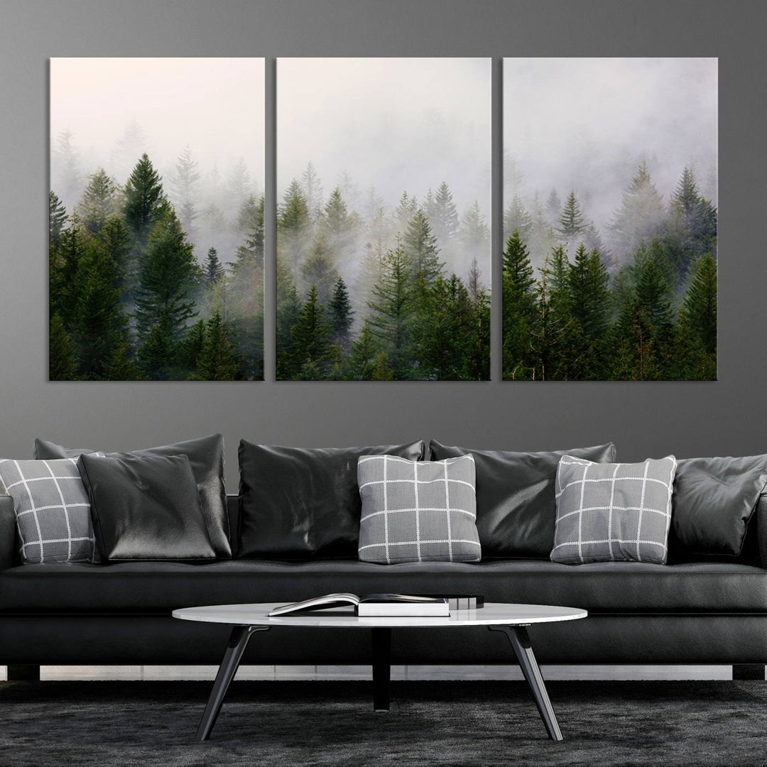 A 3-panel Misty Pine Forest Wall Art Canvas Print, featuring a green woodland scene, adorns the wall.