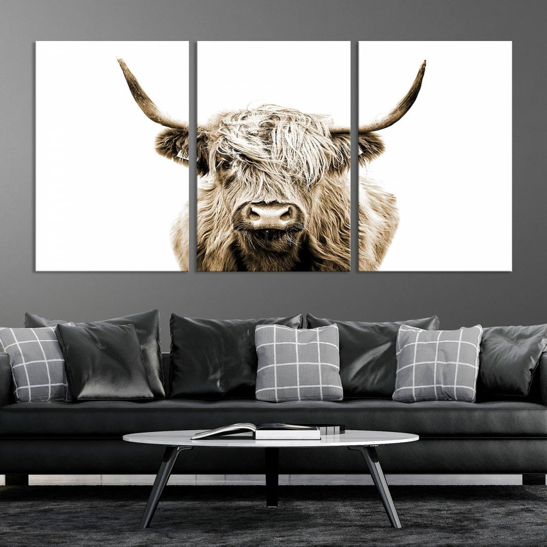 Lienzo de vaca de las Tierras Altas, arte de pared, decoración de granja, vaca, impresión en blanco y negro, decoración de pared rústica, pintura de animales, pared de vaca escocesa