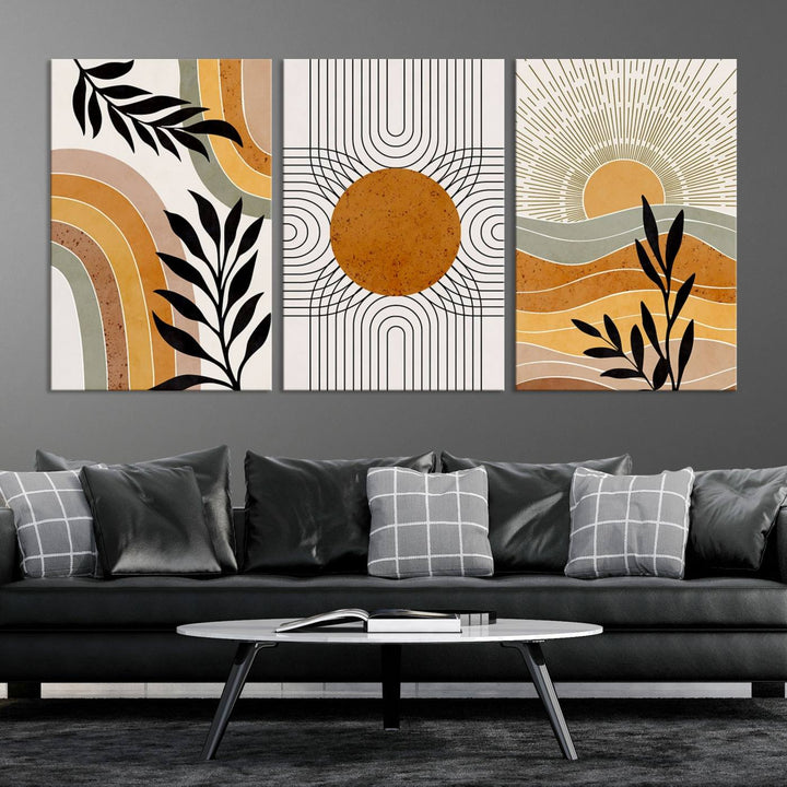 Modern Boho Sun and Leaf Abstract Art – 3-Panel Giclée Canvas for Mid-Century Modern or Bohemian Wall Decor