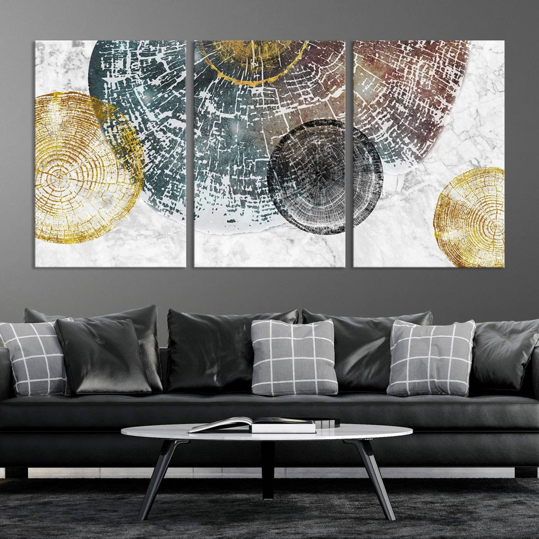 Contemporary living room showcasing the "Wood Lines" 3 Panel Abstract Wall Art Canvas Print displaying museum-quality tree ring art on the wall.