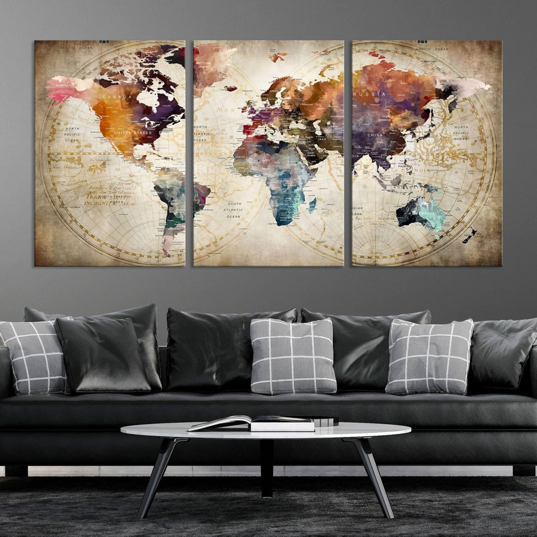 A World Map Wall Art Canvas Print featuring vibrant colors is crafted on museum-quality canvas, adding a touch of elegance to the room.