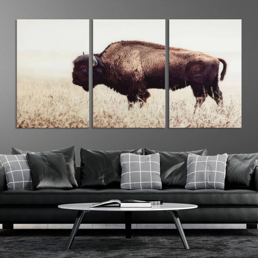 A stylish living room showcases the captivating "Bison in Field" Wall Art Canvas Print as farmhouse decor.