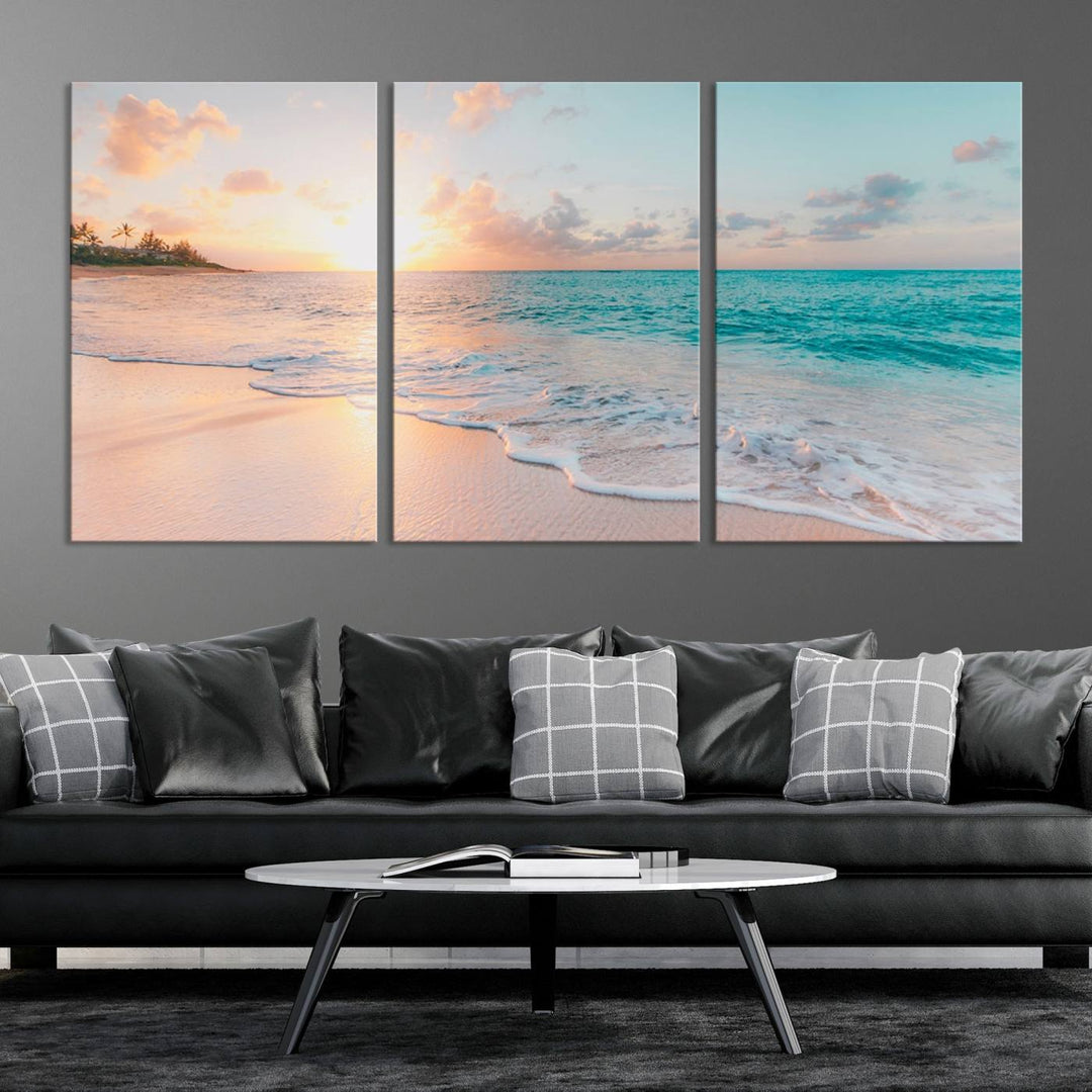 Beach Sunrise Wall Art, Coastal Seascape Canvas Print, Ocean Wave Multi-Panel Giclee, Coastal Sunset Beach Scene for Modern Decor