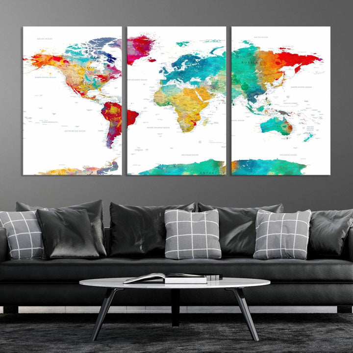 A stunning Colorful World Map Triptych Canvas Print, featuring a ready-to-hang framed design, adds vibrancy and modern flair to the space, effortlessly elevating the entire home décor.