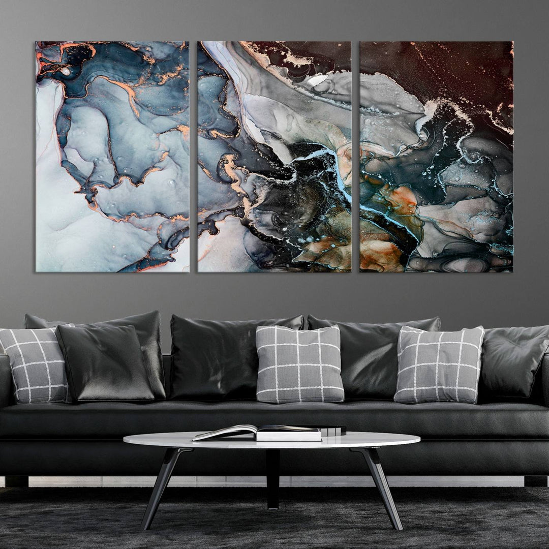 The Mix Color Large Abstract Marble Wall Art Canvas Print is printed on museum-quality canvas. It features a UV-protective coating and is ready to hang, adding elegance to the room.