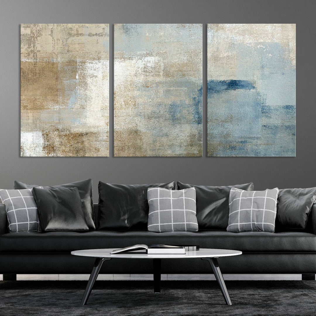 Abstract Blue and Beige Wall Art, Modern Minimalist Canvas Print Set, Giclee Textured Art, Large Multi-Panel Artwork for Living Room