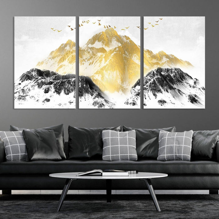 Golden Mountain Triptych Wall Art, Modern Giclee Canvas Print, Nature Landscape Decor for Living Room, Contemporary Gold and Black Wall Art