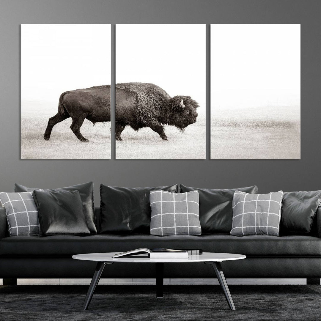 American Bison in Grasslands Triptych Canvas Wall Art – Western-Inspired Nature Decor for Home or Office