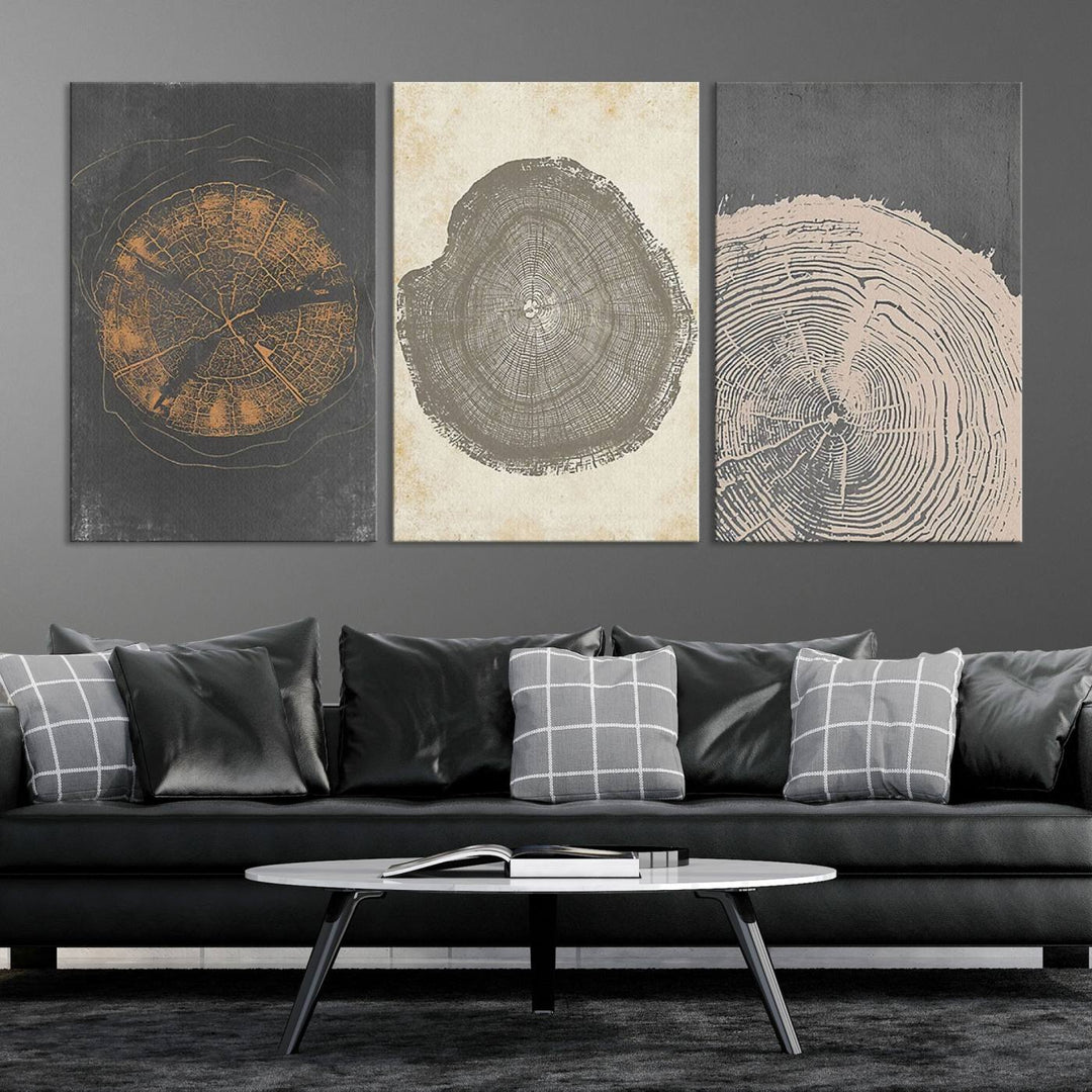 Boho Tree Ring Wall Art, Modern Minimalist Wood Grain Canvas, Tree Slice for Rustic Decor, Farmhouse Decor Giclee Canvas Print, Tree Ring Canvas Set 