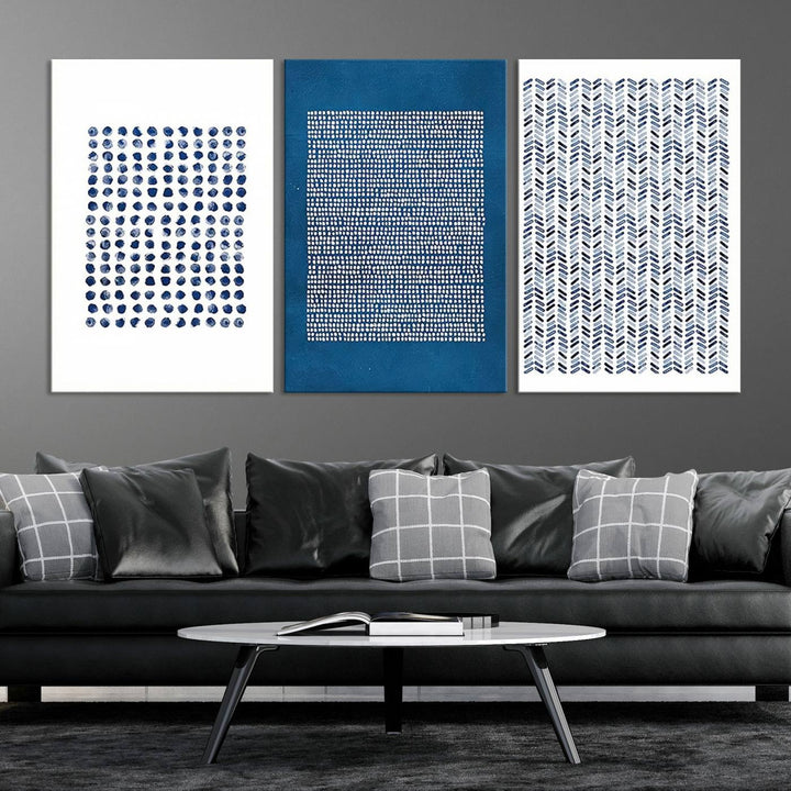 The modern living room is beautifully complemented by the "Canvas Print Wall Art Set Navy Blue White Geometric Dot Collage Abstract Illustr Art" on the wall. This art is printed on museum-quality canvas with a UV-protective coating for enhanced durability and vibrancy. Each piece is ready to hang, offering an effortless upgrade to your space.