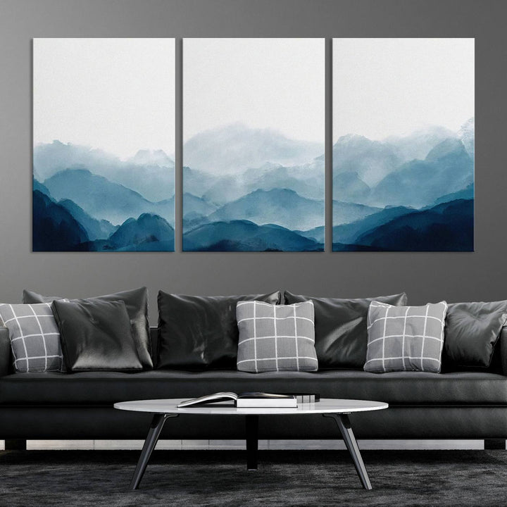 A modern living room features a three-panel canvas of green forest nature scenery photography on the wall. The artwork is gallery wrapped in museum-quality canvases, ensuring both durability and an exquisite display.