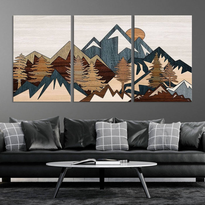 Woodland Mountain Landscape Triptych, Giclee Canvas Art for Modern Home, Rustic Wooden Nature Wall Art, Large Mountain and Tree Canvas for Living Room