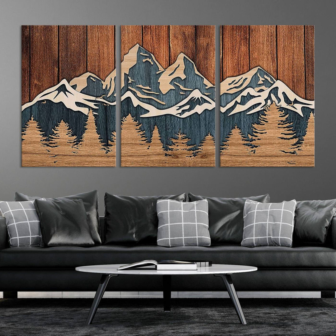 Rustic Wood Style Mountain Wall Art, Nature Forest Canvas Print, Wooden Textured Mountain Artwork, Handcrafted Landscape Decor for Farmhouse Decor