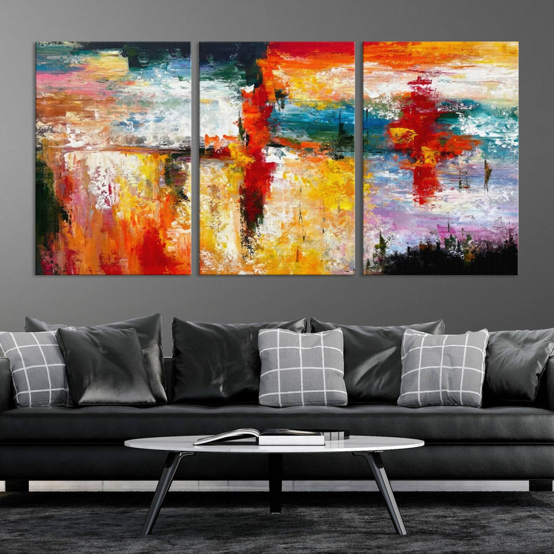 A Colorful Abstract Wall Art Canvas Print graces the wall, making this ready-to-hang masterpiece, complete with UV-protective coating, perfect for elevating any space with its vibrant allure.