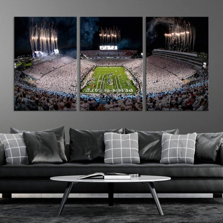 The Penn Stadium Football Wall Art Canvas Print showcases the lively ambiance of a bustling Pennsylvania University football stadium illuminated by fireworks.