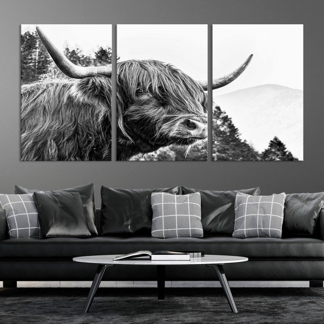 The Scottish Longhorn Wall Art Canvas Print features a highland cow with long horns and shaggy hair displayed on a museum-quality canvas. Equipped with a UV-protective coating for durability, it's ready to hang and enjoy for years to come.