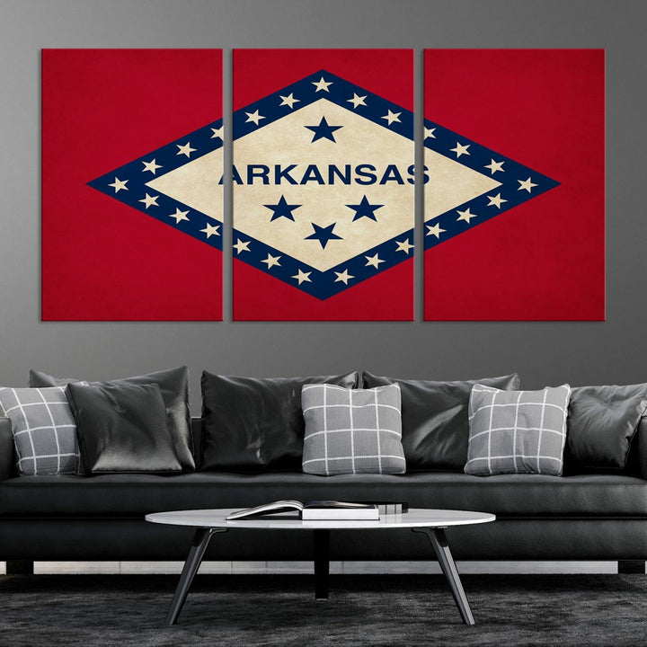 The Arkansas Flag Wall Art Canvas Print is displayed on gallery-wrapped, museum-quality canvases. Its vibrant colors are preserved by a UV-protective coating, ensuring long-lasting brilliance in your living space.