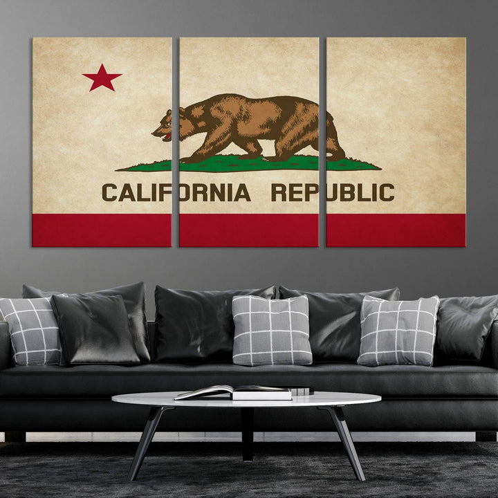 The Calinia States Flag Wall Art Canvas Print, featuring a bear and star design reminiscent of the California Republic flag, is crafted on museum-quality polycotton canvas with a UV-protective coating and is proudly made in the USA.