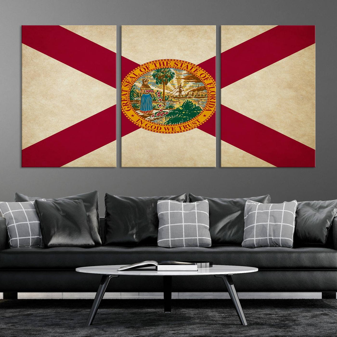 A Florida States Flag Wall Art Canvas Print, featuring a UV-protective coating for museum-quality preservation, is displayed.