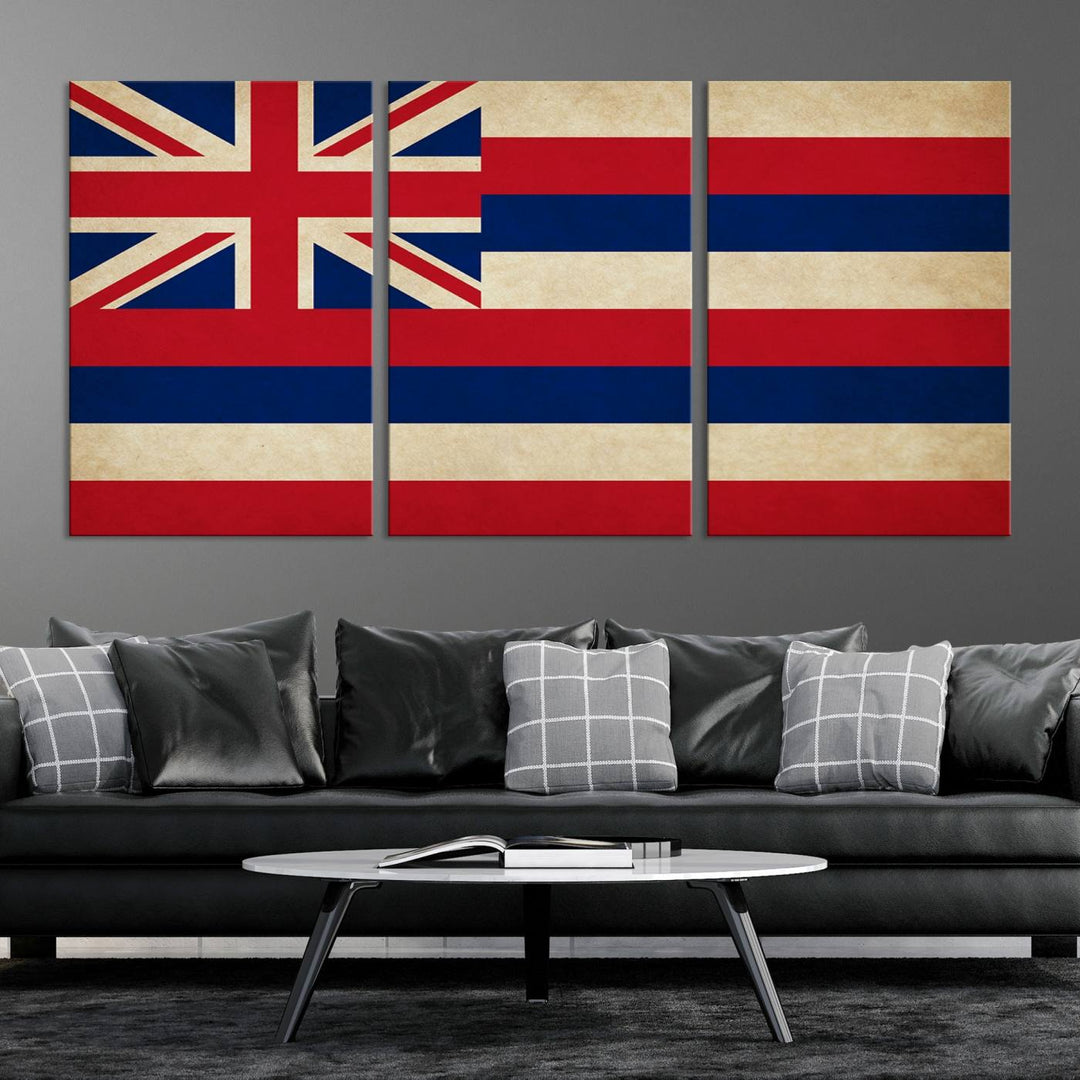 A stunning piece titled "Hawaii USA States Flag Wall Art Canvas Print" adorns the wall. This gallery-wrapped artwork is printed on museum-quality canvas and features a UV-protective coating, ensuring its vibrant colors remain timelessly beautiful.