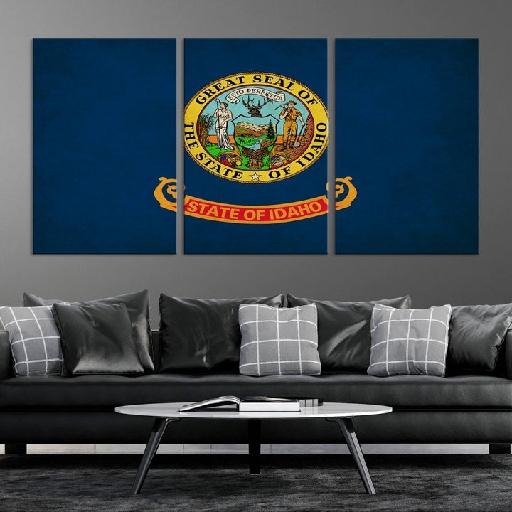 The Idaho USA States Flag Wall Art Canvas Print, featuring a UV-protective coating for lasting vibrancy, is ready to hang.