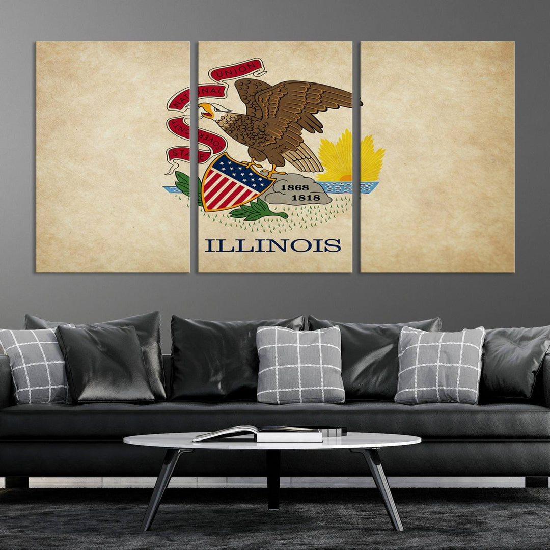 The Illinois State Flag Wall Art Canvas Print, crafted on museum-quality canvas with a UV-protective coating, is displayed prominently.